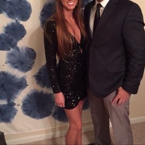 NYE Sparkly Black Sequin Long Sleeve Low Cut Dress